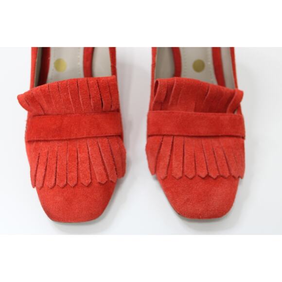 Boden Suede Kiltie Fringe Loafer Pumps Red Orange Block Heel Preppy Women's 39 - Picture 5 of 8
